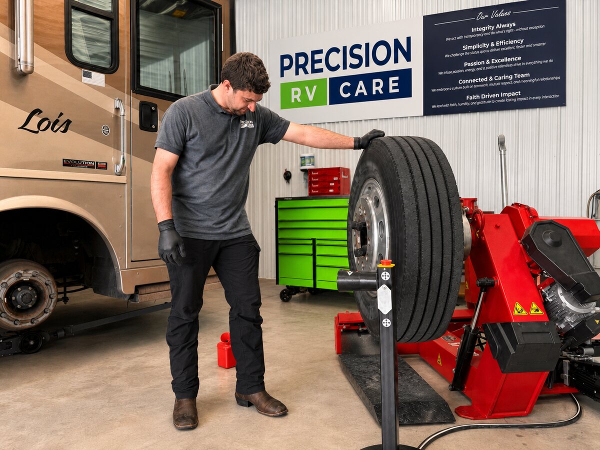 Precision RV Care technician performing RV tire replacement with specialty tire equipment